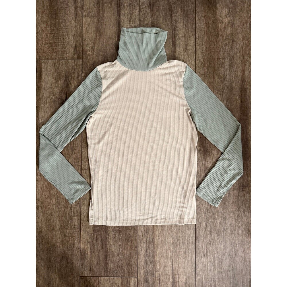 Madewell Colorblock Ribbed Turtleneck Top Sage Green Cream Tan Size L